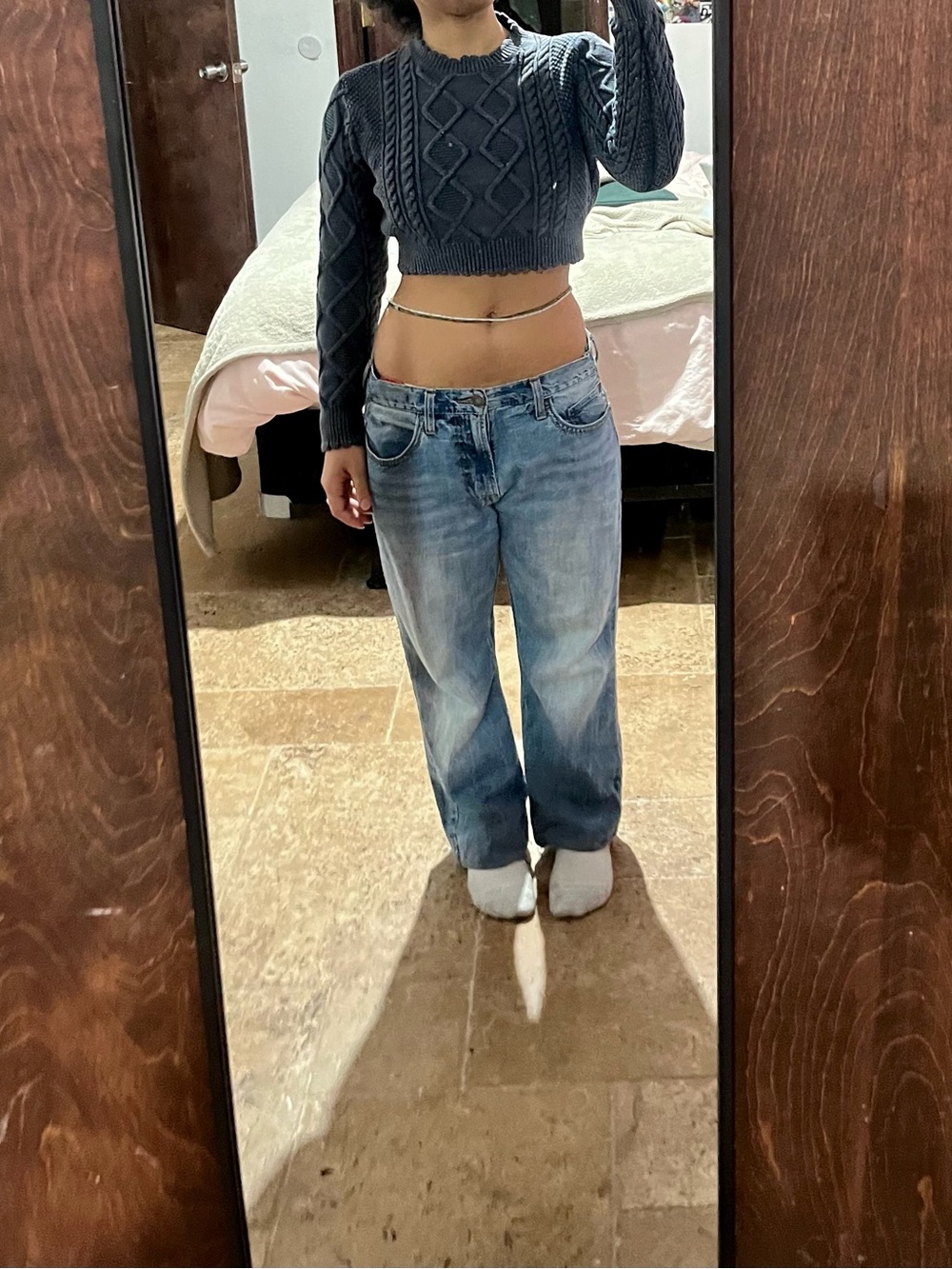 Zara Acid Wash Navy Blue Cable Knit Cropped Sweater Size S